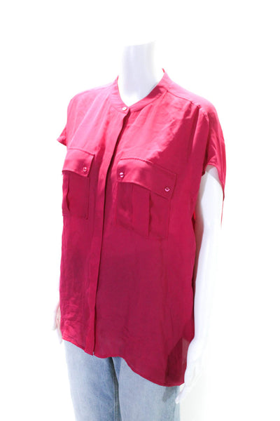 Vince Womens Silk Round Neck Short Sleeve Button Up Blouse Top Fuchsia Size M