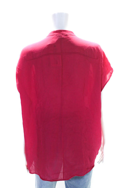 Vince Womens Silk Round Neck Short Sleeve Button Up Blouse Top Fuchsia Size M