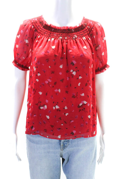 Joie Womens Silk Floral Ruched Short Sleeve Pullover Blouse Top Red Size S