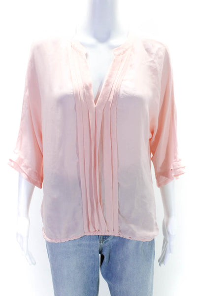 Joie Womens Silk Pleated V-Neck Long Sleeve Pullover Blouse Top Pink Size L