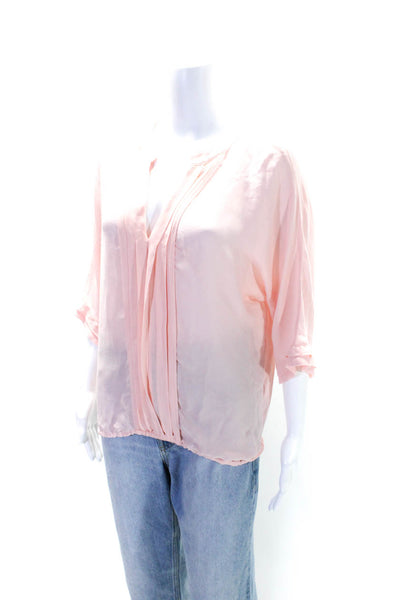 Joie Womens Silk Pleated V-Neck Long Sleeve Pullover Blouse Top Pink Size L