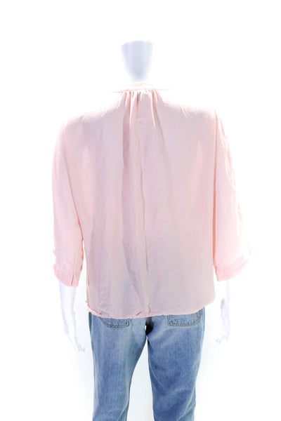 Joie Womens Silk Pleated V-Neck Long Sleeve Pullover Blouse Top Pink Size L