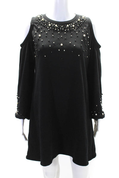 BP. Womens Black Cotton Beaded Crew Neck Cold Shoulder Long Sleeve Dress Size S