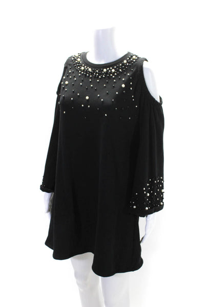 BP. Womens Black Cotton Beaded Crew Neck Cold Shoulder Long Sleeve Dress Size S