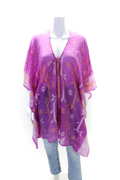 Two Women's Round Neck Short Sleeves Abstract Print Cotton Blouse Purple Size M