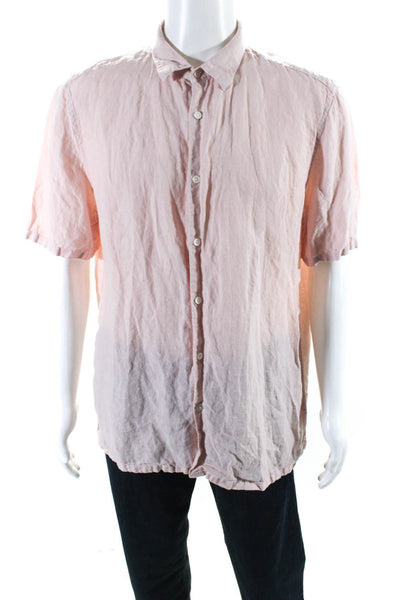 Theory Mens Woven Short Sleeve Button Up Shirt Light Pink Linen Size Extra Large