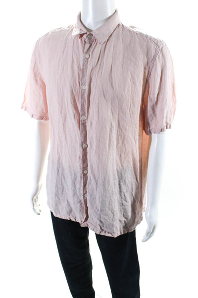 Theory Mens Woven Short Sleeve Button Up Shirt Light Pink Linen Size Extra Large