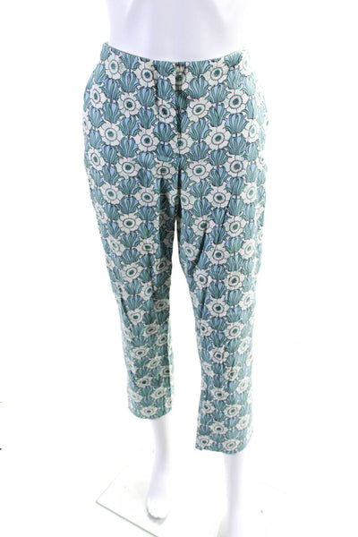 Prada Womens Cotton Floral Print Straight Leg Ankle Slit Pants Blue Size 42