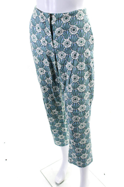 Prada Womens Cotton Floral Print Straight Leg Ankle Slit Pants Blue Size 42