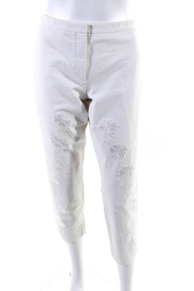 Theory Womens Cotton Floral Embroidered Straight Leg Pants White 8