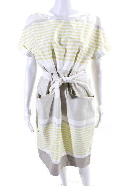 Karen Millen Women's Short Sleeves Belted A-Line Midi Dress Stripe Size 10