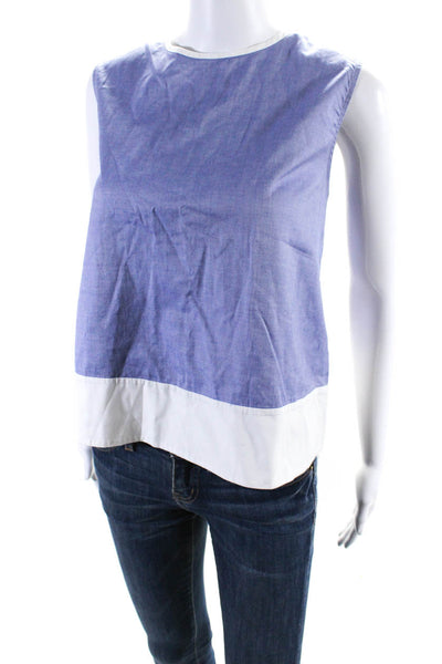 Theory Women's Round Neck Sleeveless Button Up Blouse Blue White Size L