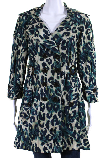 Nanette Lepore Womens Blue Leopard Print Double Breast Long Sleeve Jacket Size S