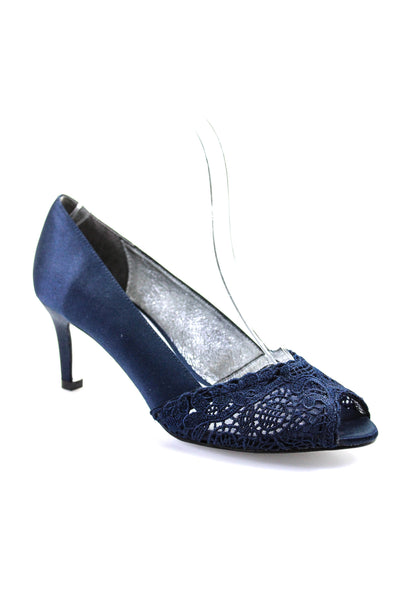 Adrianna Papell Womens Satin Crochet Open Toe Pumps Navy Blue Size 6 Medium