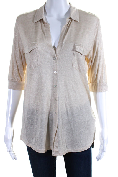 Majestic Filatures Womens Button Down 3/4 Sleeves Shirt Beige Gold Metallic Size