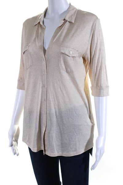 Majestic Filatures Womens Button Down 3/4 Sleeves Shirt Beige Gold Metallic Size