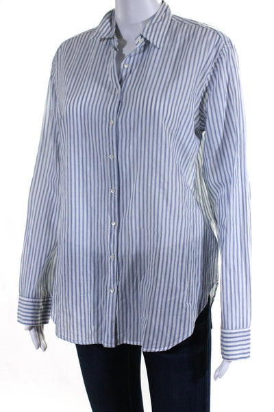 Xirena Womens Striped Button Down Shirt White Blue Cotton Size Extra Small