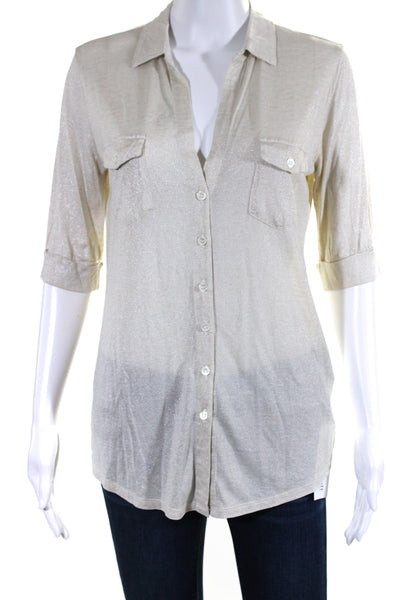 Majestic Filatures Womens Silk 3/4 Sleeves Button Down Shirt Beige Metallic Size