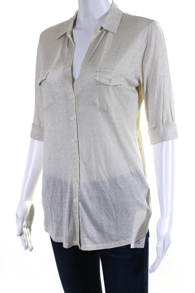 Majestic Filatures Womens Silk 3/4 Sleeves Button Down Shirt Beige Metallic Size