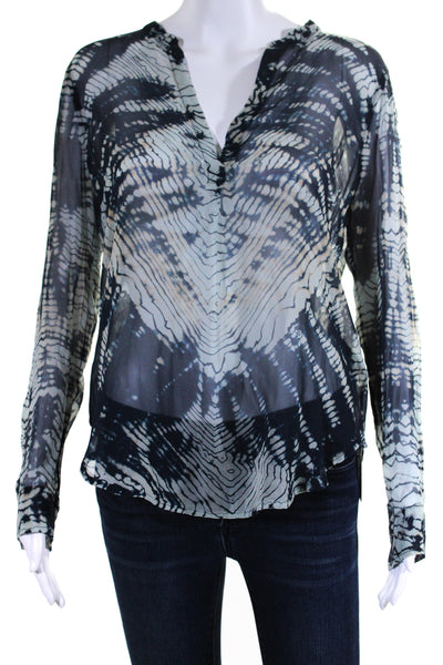 Raquel Allegra Womens Silk Tie Dye Print Long Sleeves Blouse Navy Blue Size 0