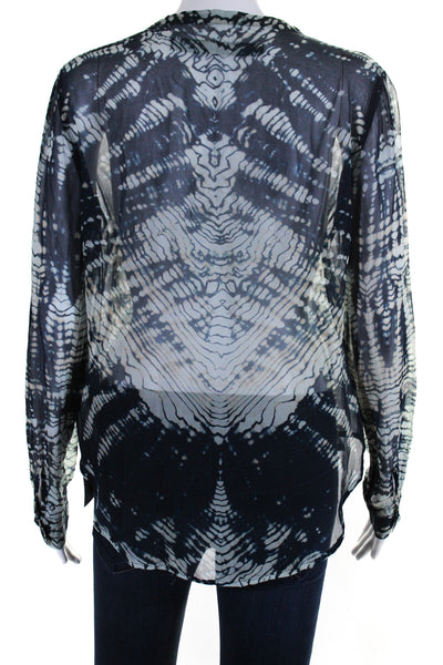 Raquel Allegra Womens Silk Tie Dye Print Long Sleeves Blouse Navy Blue Size 0