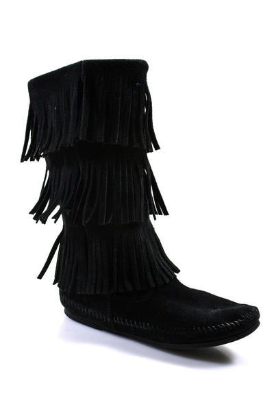 Minnetonka Womens Black Suede Layered Fringe Midi Boots Size 8