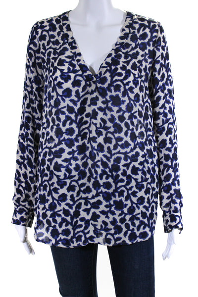 Joie Womens Long Sleeve V Neck Floral Top Blouse White Navy Silk Size Medium