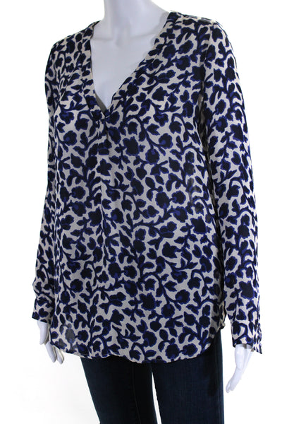 Joie Womens Long Sleeve V Neck Floral Top Blouse White Navy Silk Size Medium