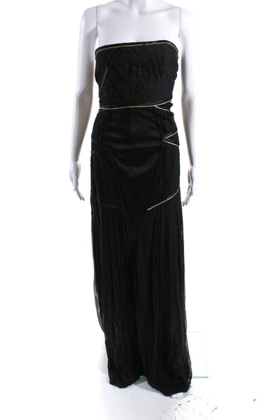 Carlos Miele Womens Zip Up Strapless Metallic Braided Trim Silk Gown Black 4