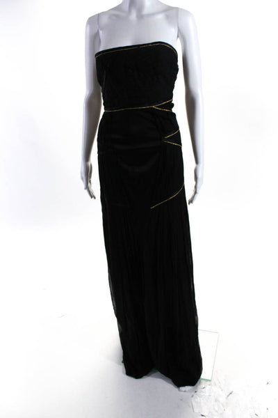 Carlos Miele Womens Zip Up Strapless Metallic Braided Trim Silk Gown Black 4