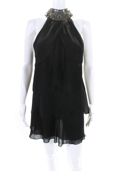 Theme Womens Black Beaded Halter Ruffle Layered Sleeveless Mini Dress Size M