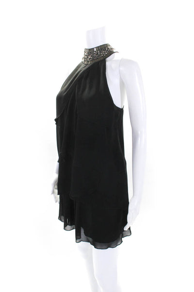 Theme Womens Black Beaded Halter Ruffle Layered Sleeveless Mini Dress Size M