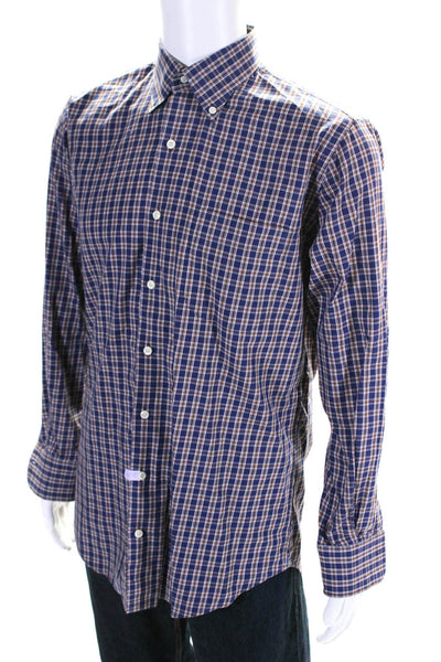 Peter Millar Men's Blue Brown Collared Long Sleeves Button Down Plaid Shirt Size