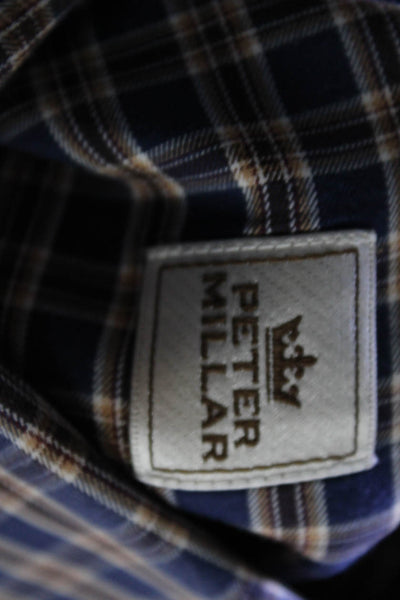 Peter Millar Men's Blue Brown Collared Long Sleeves Button Down Plaid Shirt Size