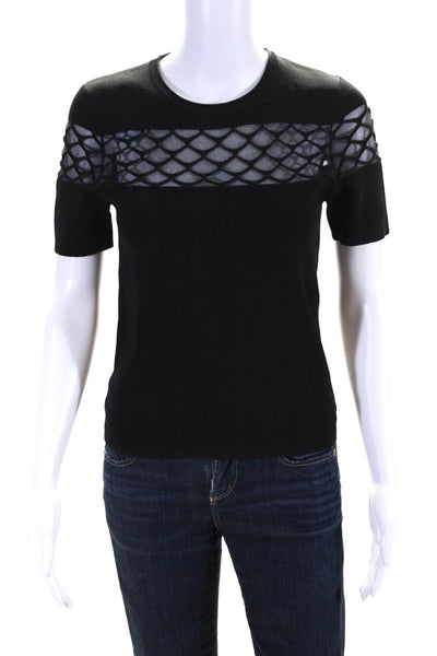 Maje Womens Short Sleeve Mesh Trim Stretch Blouse Black Size 2