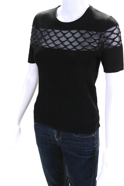 Maje Womens Short Sleeve Mesh Trim Stretch Blouse Black Size 2