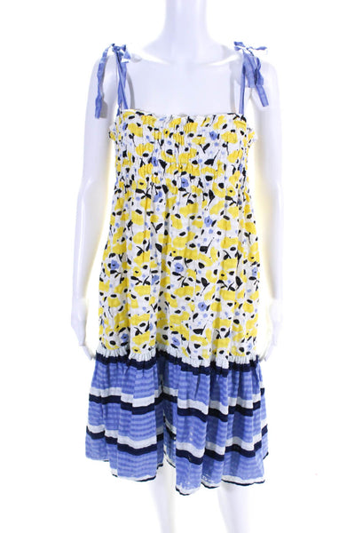 Tanya Taylor Womens Floral Print Smocked Square Neck Sundress Yellow Blue Size S