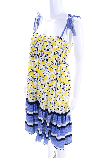 Tanya Taylor Womens Floral Print Smocked Square Neck Sundress Yellow Blue Size S