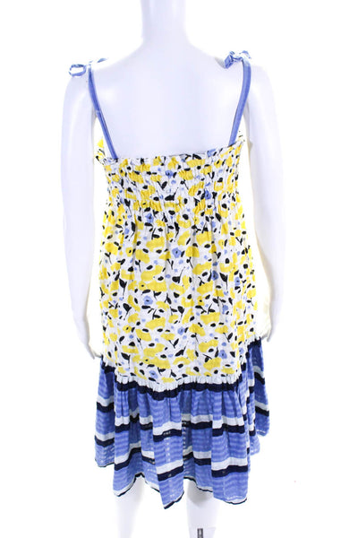 Tanya Taylor Womens Floral Print Smocked Square Neck Sundress Yellow Blue Size S