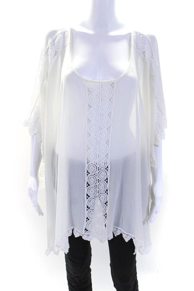 Sunday Tropez Womens Lace Trim Bat Wing Dolman Sleeve Top Blouse White One Size