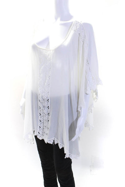 Sunday Tropez Womens Lace Trim Bat Wing Dolman Sleeve Top Blouse White One Size