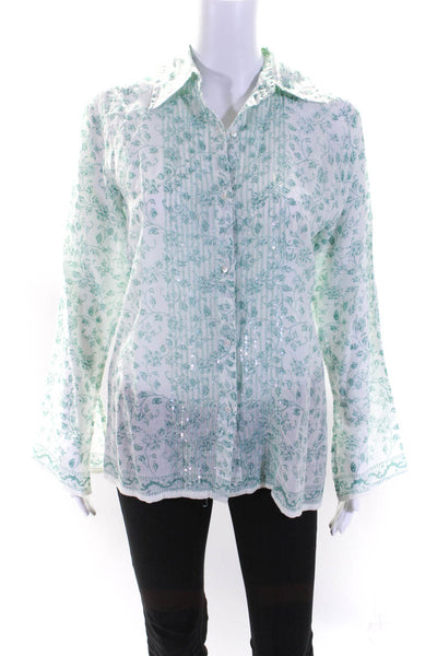 Figue Womens Long Sleeve Floral Sequin Button Up Top Blouse White Green Small