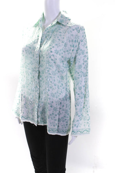 Figue Womens Long Sleeve Floral Sequin Button Up Top Blouse White Green Small