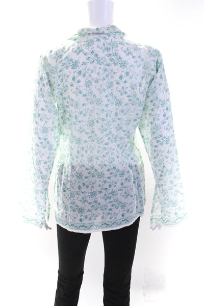 Figue Womens Long Sleeve Floral Sequin Button Up Top Blouse White Green Small