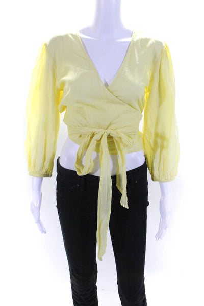 Enza Costa Womens 3/4 Sleeve Voile Crop Top Wrap Blouse Yellow Size 2