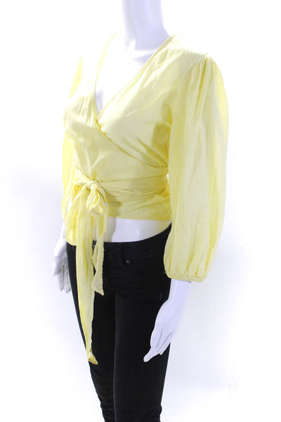 Enza Costa Womens 3/4 Sleeve Voile Crop Top Wrap Blouse Yellow Size 2