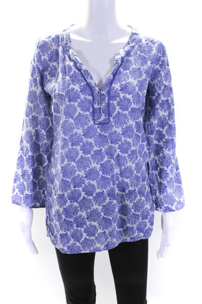 Persifor Womens Blue White Printed Cotton V-Neck Long Sleeve Blouse Top Size S