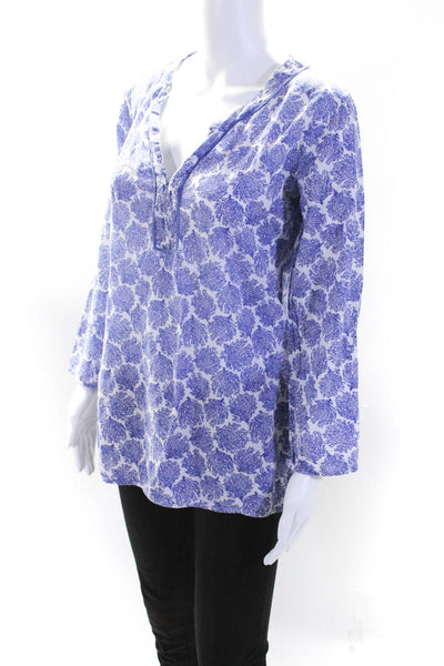 Persifor Womens Blue White Printed Cotton V-Neck Long Sleeve Blouse Top Size S