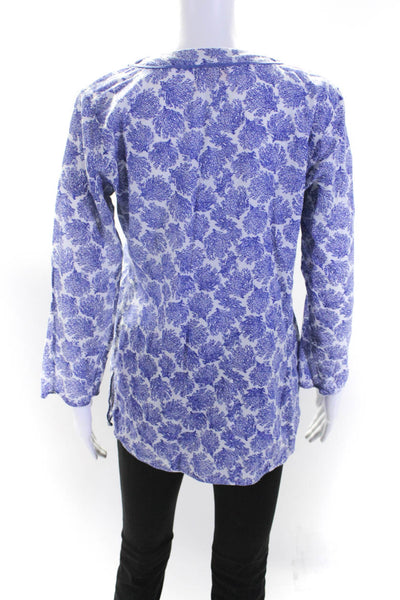 Persifor Womens Blue White Printed Cotton V-Neck Long Sleeve Blouse Top Size S