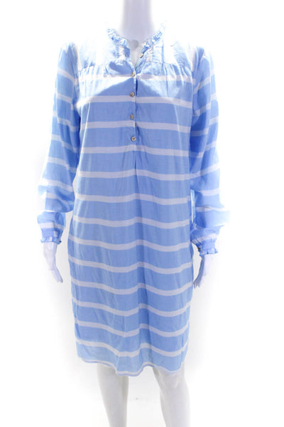 Persifor Womens Blue Striped Ruffle Henley Long Sleeve Shift Dress Size M